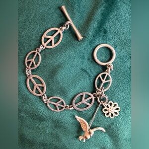 Lucky Brand Silver Peace Sign and Flying Dove Toggle Bracelet